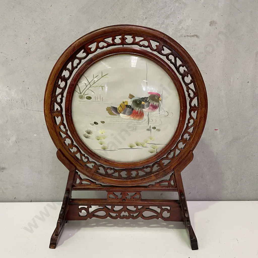 Vintage Carved Rosewood Framed Screen with Pivoting Central Silk needlwork Duck theme. H56cm Image 1++