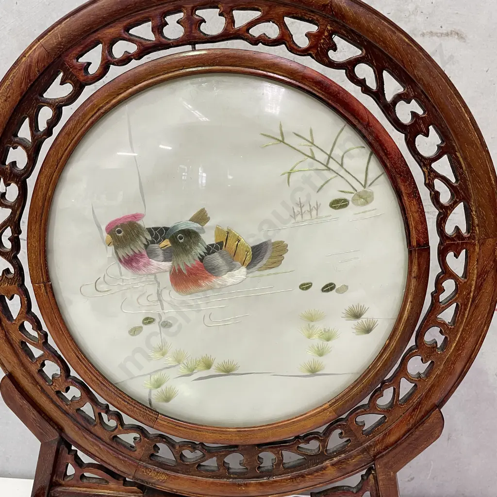 Vintage Carved Rosewood Framed Screen with Pivoting Central Silk needlwork Duck theme. H56cm Image 1++