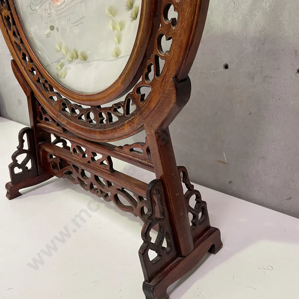 Vintage Carved Rosewood Framed Screen with Pivoting Central Silk needlwork Duck theme. H56cm Image 1++