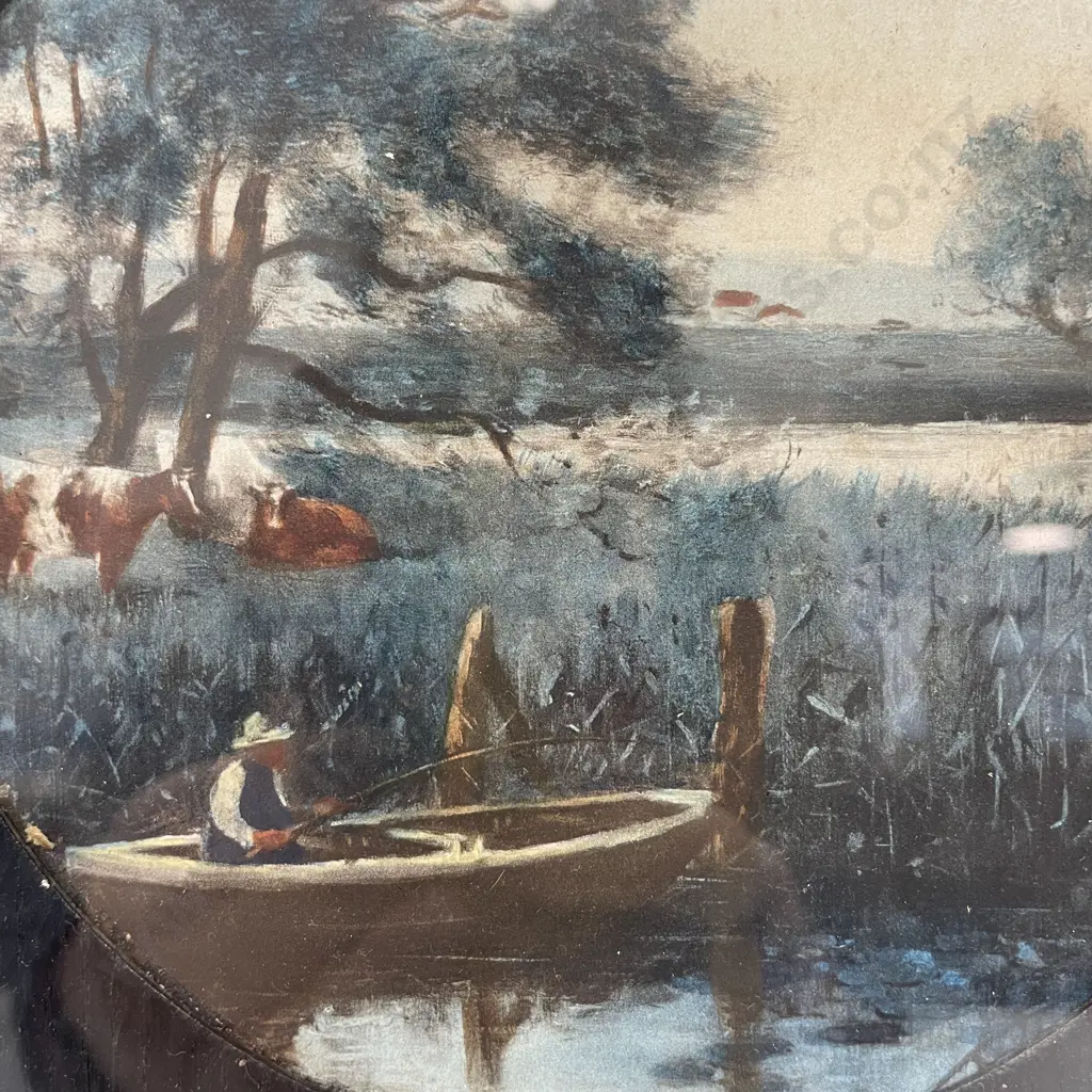 Stunning Framed Original Artwork. Attributed to Horton? Boat fishing and cattle scene. 29 x 29cm incl frame Image 1++