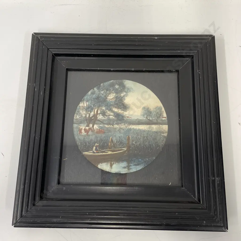 Stunning Framed Original Artwork. Attributed to Horton? Boat fishing and cattle scene. 29 x 29cm incl frame Image 1++