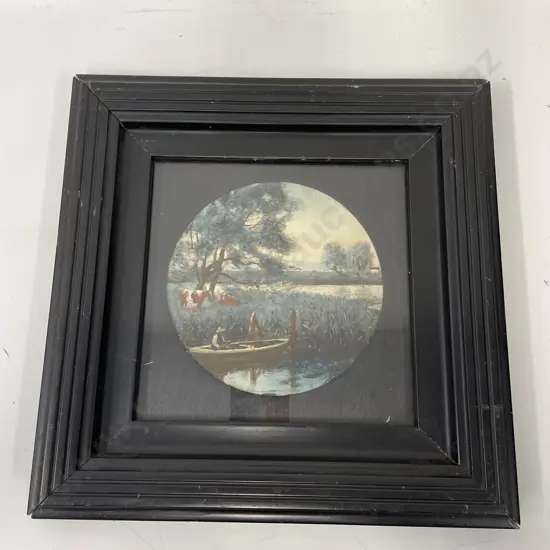 Stunning Framed Original Artwork. Attributed to Horton? Boat fishing and cattle scene. 29 x 29cm incl frame