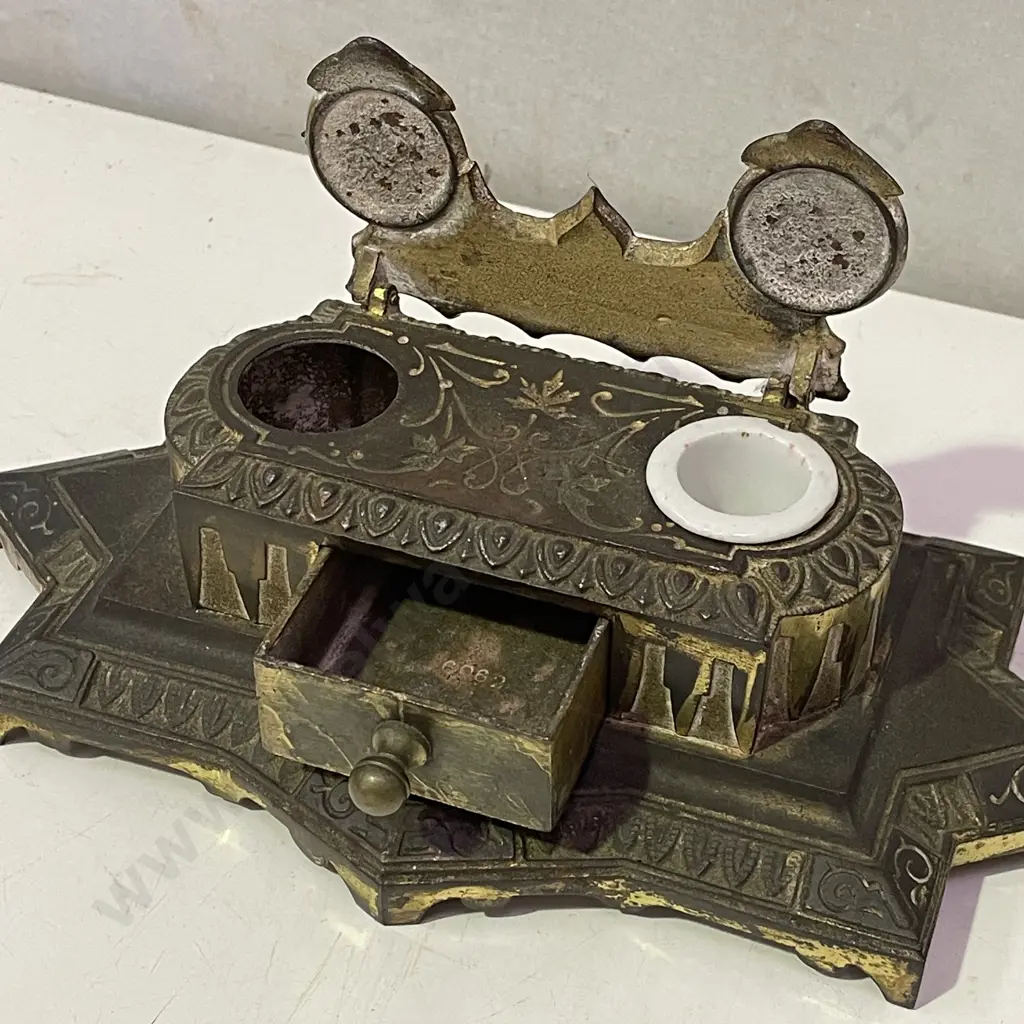 Antique Ornate Brass Inkwell with central drawer Image 1++