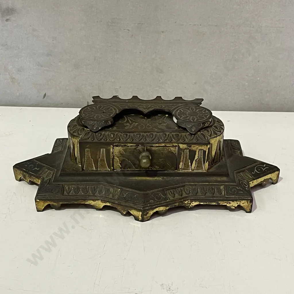 Antique Ornate Brass Inkwell with central drawer Image 1++
