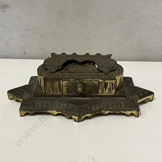 Antique Ornate Brass Inkwell with central drawer