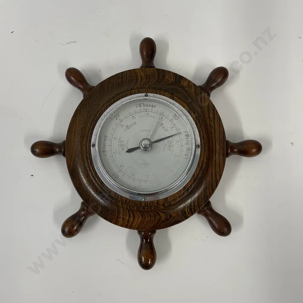 Vintage English Made Oak Framed Ships Wheel Barometer Image 1++