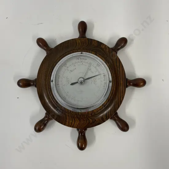 Vintage English Made Oak Framed Ships Wheel Barometer