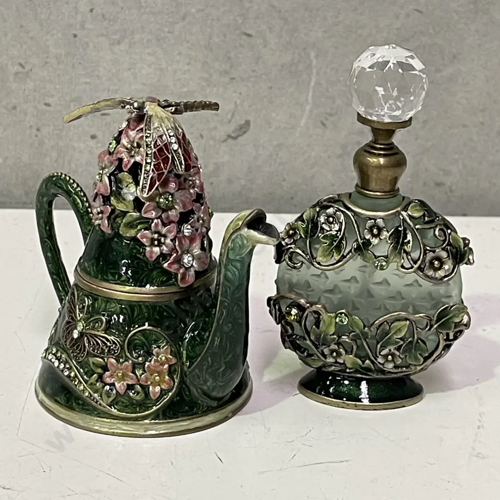 Ornately Decorated Perfume Bottle and Teapot with Dragonfly finial Image 1++