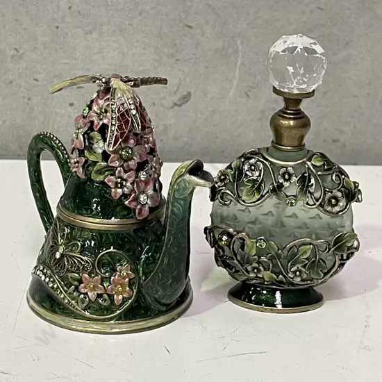 Ornately Decorated Perfume Bottle and Teapot with Dragonfly finial
