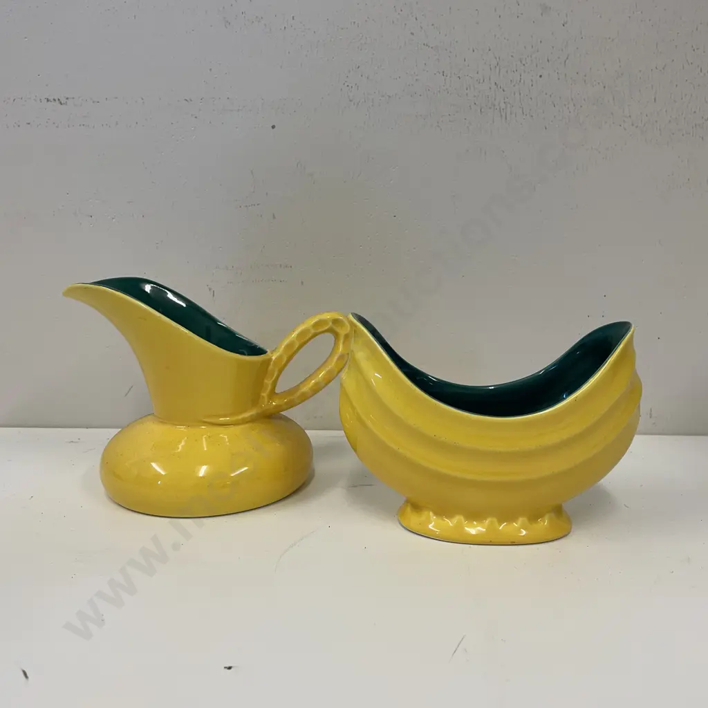 Crown Devon Mid Century Sugar and Jug Set. Bright yellow with Green interior Image 1++