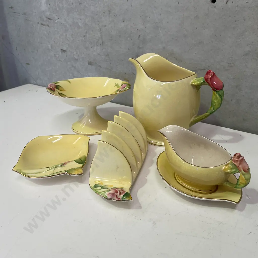Vintage Royal Winton items. Rose pattern on lemon ground. Compote, large Jug, sauce jug with plate, dish and toastrack Image 1++