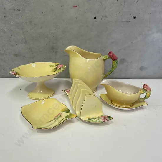 Vintage Royal Winton items. Rose pattern on lemon ground. Compote, large Jug, sauce jug with plate, dish and toastrack