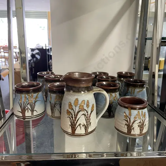 Bruce Lissant-Clayton Pottery Mugs x 11 with Jug and Sugar Bowl