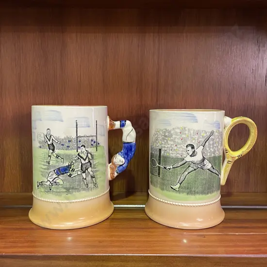 Two Vintage Arthur Wood Sporting Series Beer Mugs. Rugby and Tennis