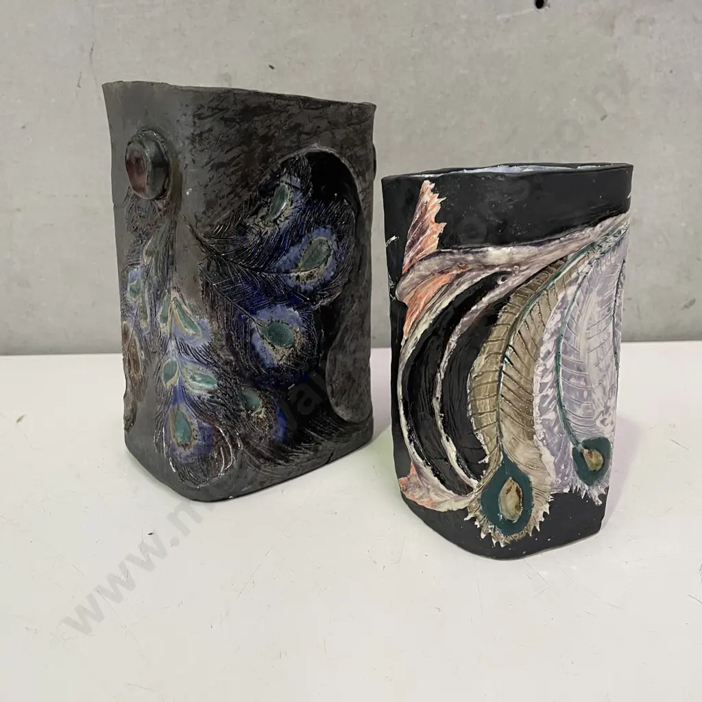 Pair Mid Century Style Art Pottery Incised Vases Image 1++