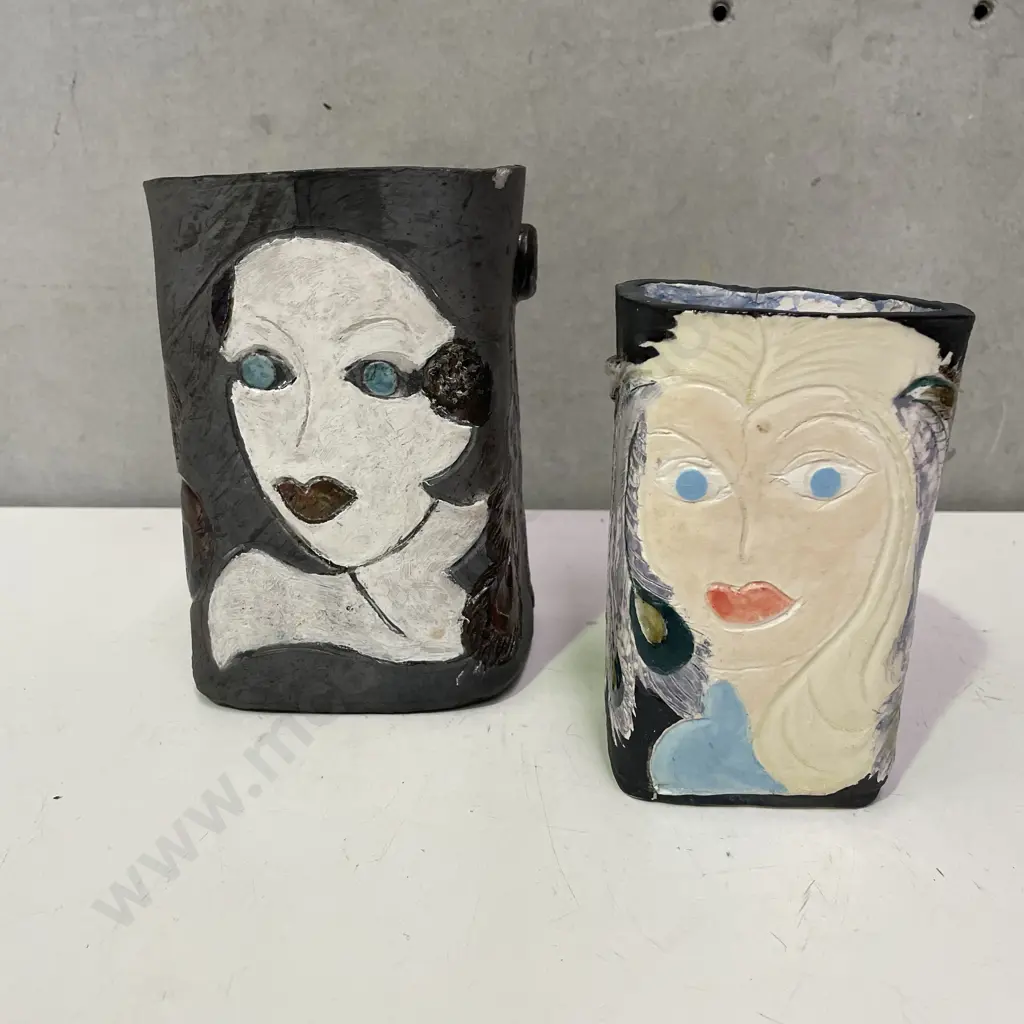 Pair Mid Century Style Art Pottery Incised Vases Image 1++