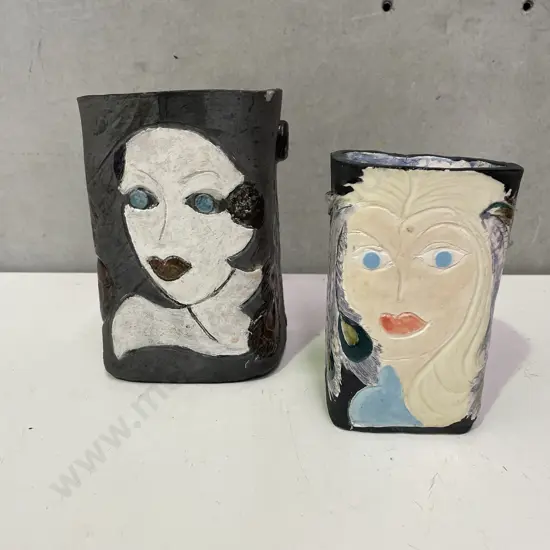 Pair Mid Century Style Art Pottery Incised Vases