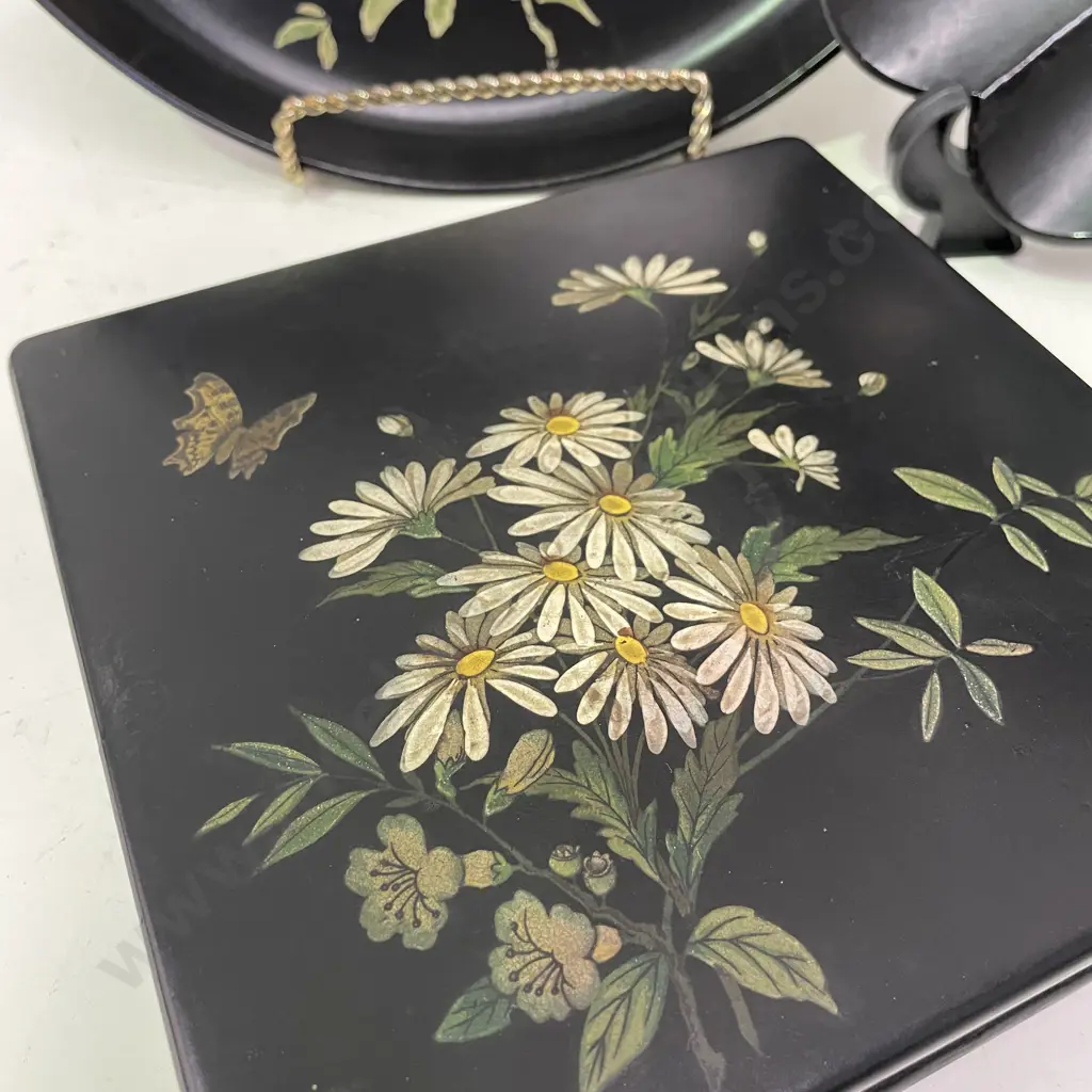 Hand Painted Black Lacquered Tray, fluted bowl and Box. Daisy, Bird and Butterfly decoration Image 1++