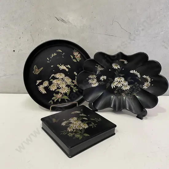 Hand Painted Black Lacquered Tray, fluted bowl and Box. Daisy, Bird and Butterfly decoration
