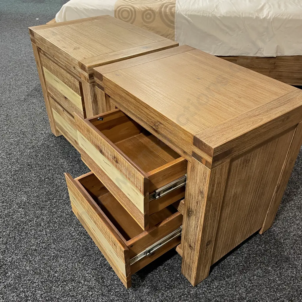 Modernist Rustic Style Solid Wood 2 Drawer Bedside Cabinets. Multicoloured Wood and Blonde Washed Tones Image 1++
