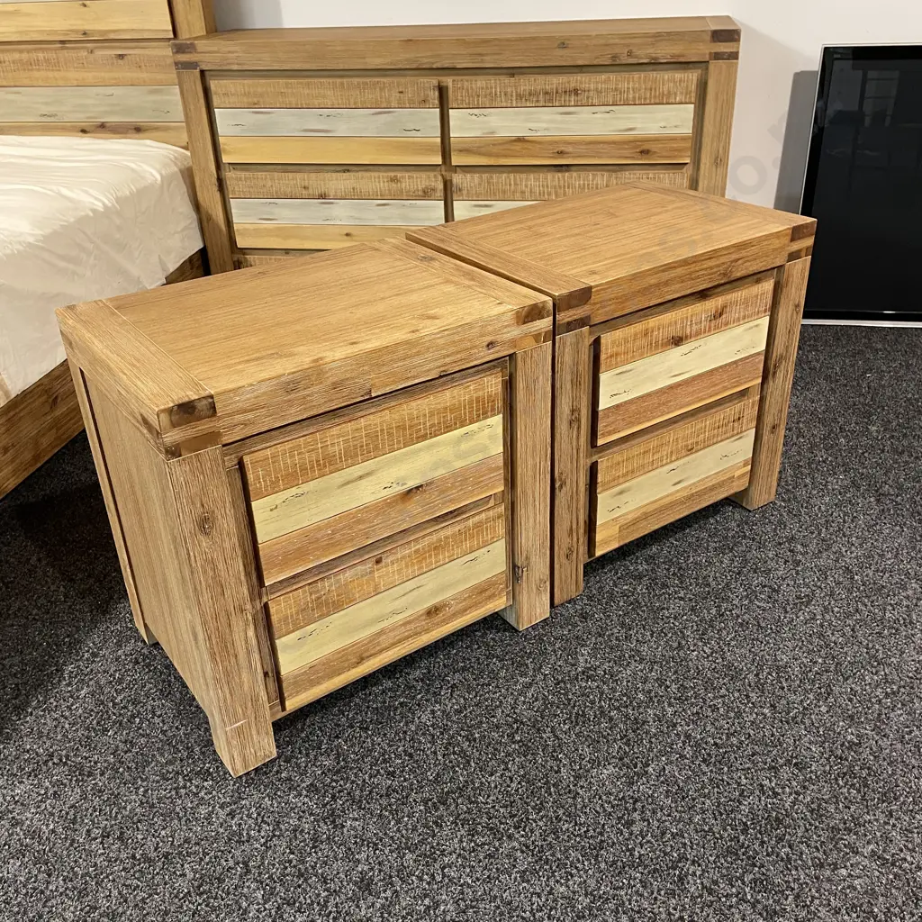 Modernist Rustic Style Solid Wood 2 Drawer Bedside Cabinets. Multicoloured Wood and Blonde Washed Tones Image 1++
