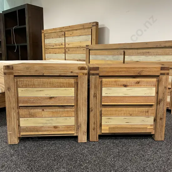 Modernist Rustic Style Solid Wood 2 Drawer Bedside Cabinets. Multicoloured Wood and Blonde Washed Tones