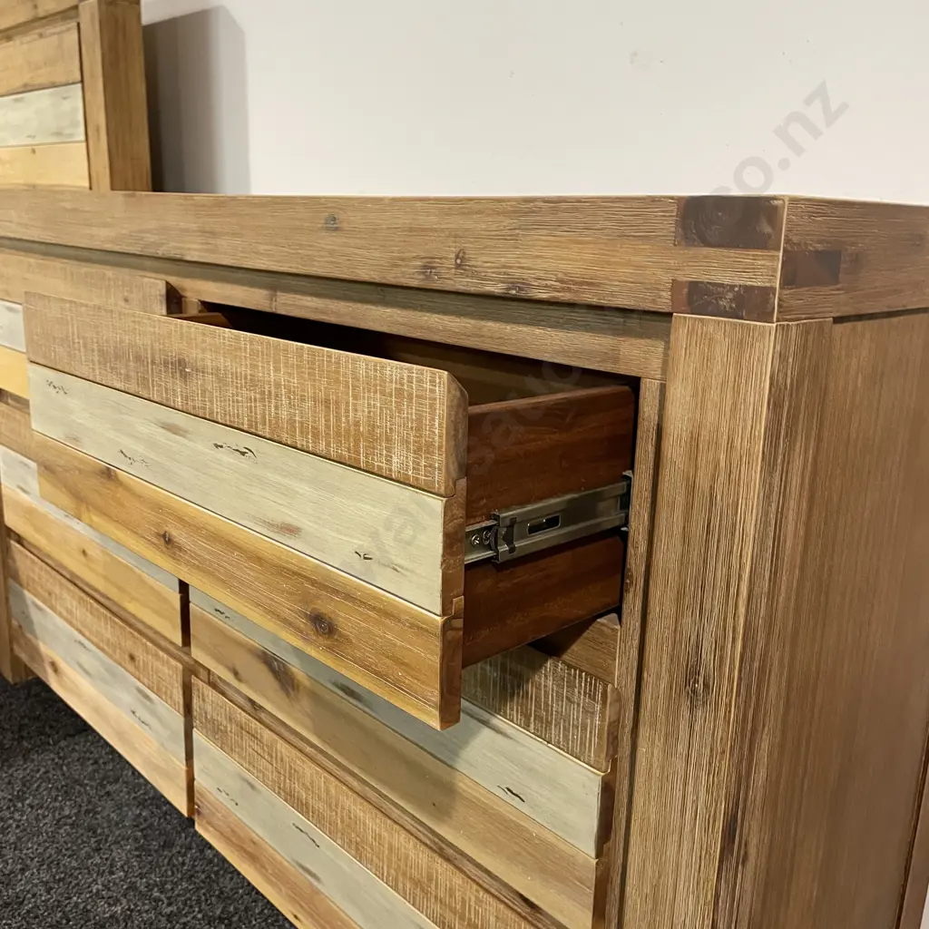 Modernist Rustic Style Solid Wood 6 Drawer Chest of Drawers. Multicoloured Wood and Blonde Washed Tones Image 1++