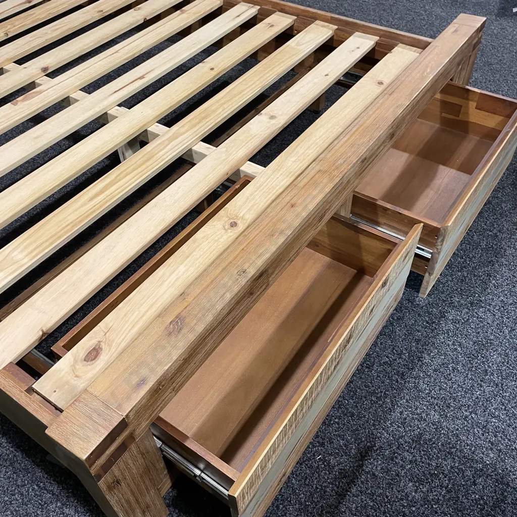 Modernist Rustic Style Solid Wood Queen Slat Bed. Multicoloured Wood and Blonde Washed Tones. Image 1++
