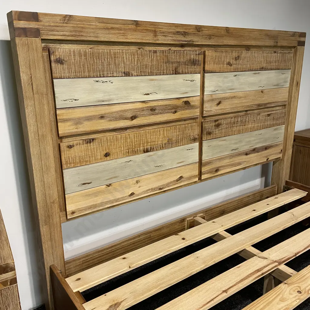 Modernist Rustic Style Solid Wood Queen Slat Bed. Multicoloured Wood and Blonde Washed Tones. Image 1++
