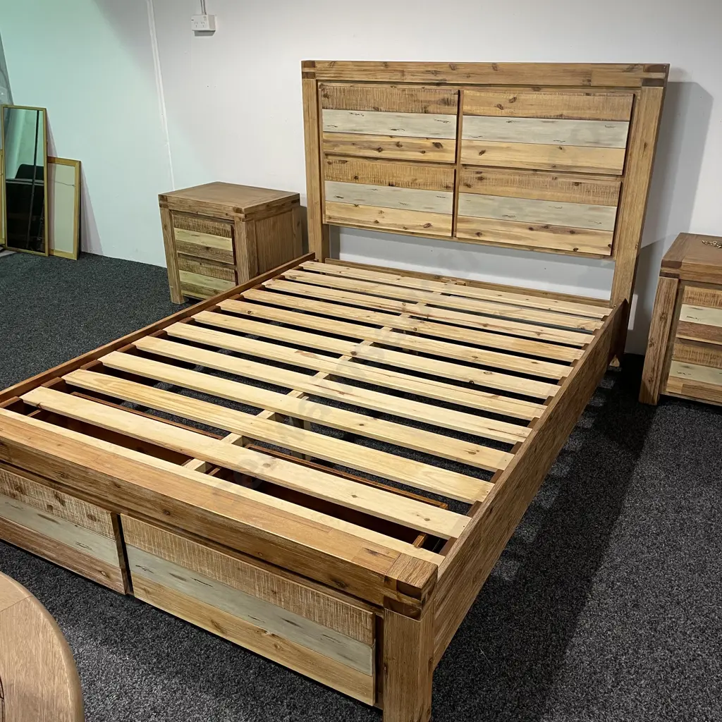 Modernist Rustic Style Solid Wood Queen Slat Bed. Multicoloured Wood and Blonde Washed Tones. Image 1++