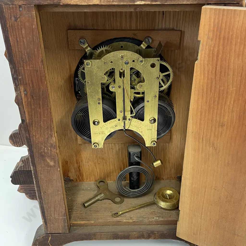 Vintage New York Ansonia Mantel Clock with key. Carved frame with intricate ornate gilded clock face. H45 W36 D14cm Image 1++