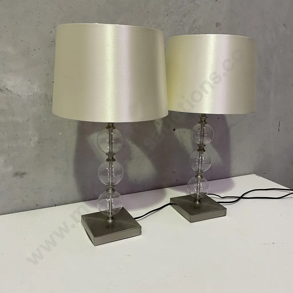 Pair Mid Century Modern Style Bubble Glass Table Lamps with cream silk fabric shades. H53cm Image 1++