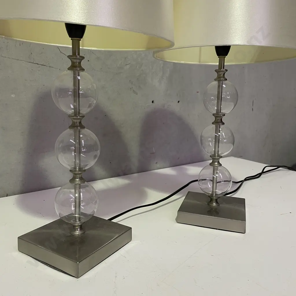 Pair Mid Century Modern Style Bubble Glass Table Lamps with cream silk fabric shades. H53cm Image 1++