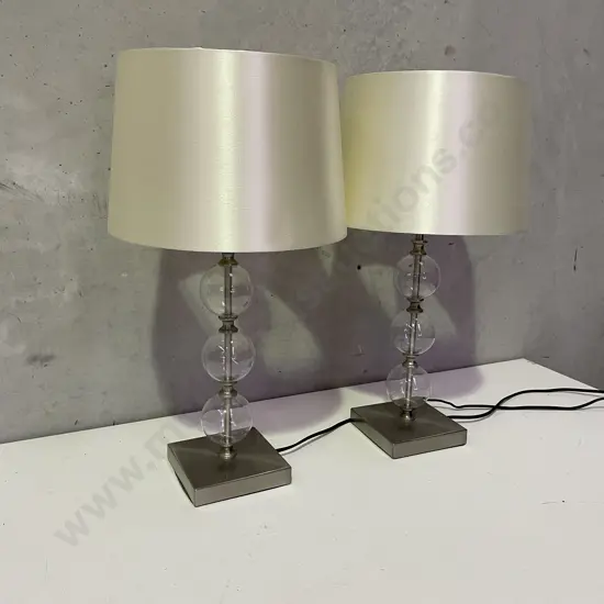 Pair Mid Century Modern Style Bubble Glass Table Lamps with cream silk fabric shades. H53cm