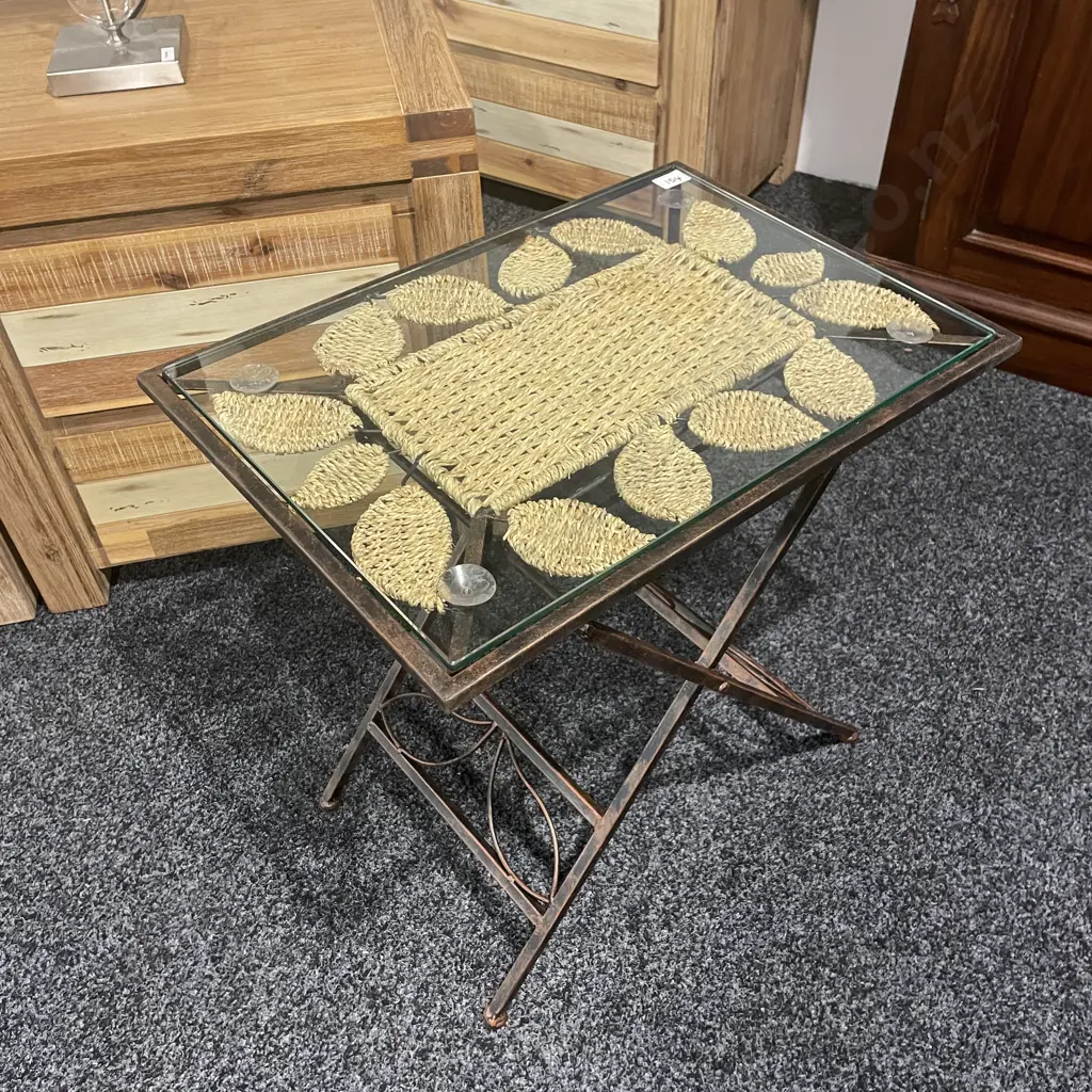 Woven Rattan & Steel Rectangular Glass Top Table, Foldup, H56 W57 D40cm Image 1++