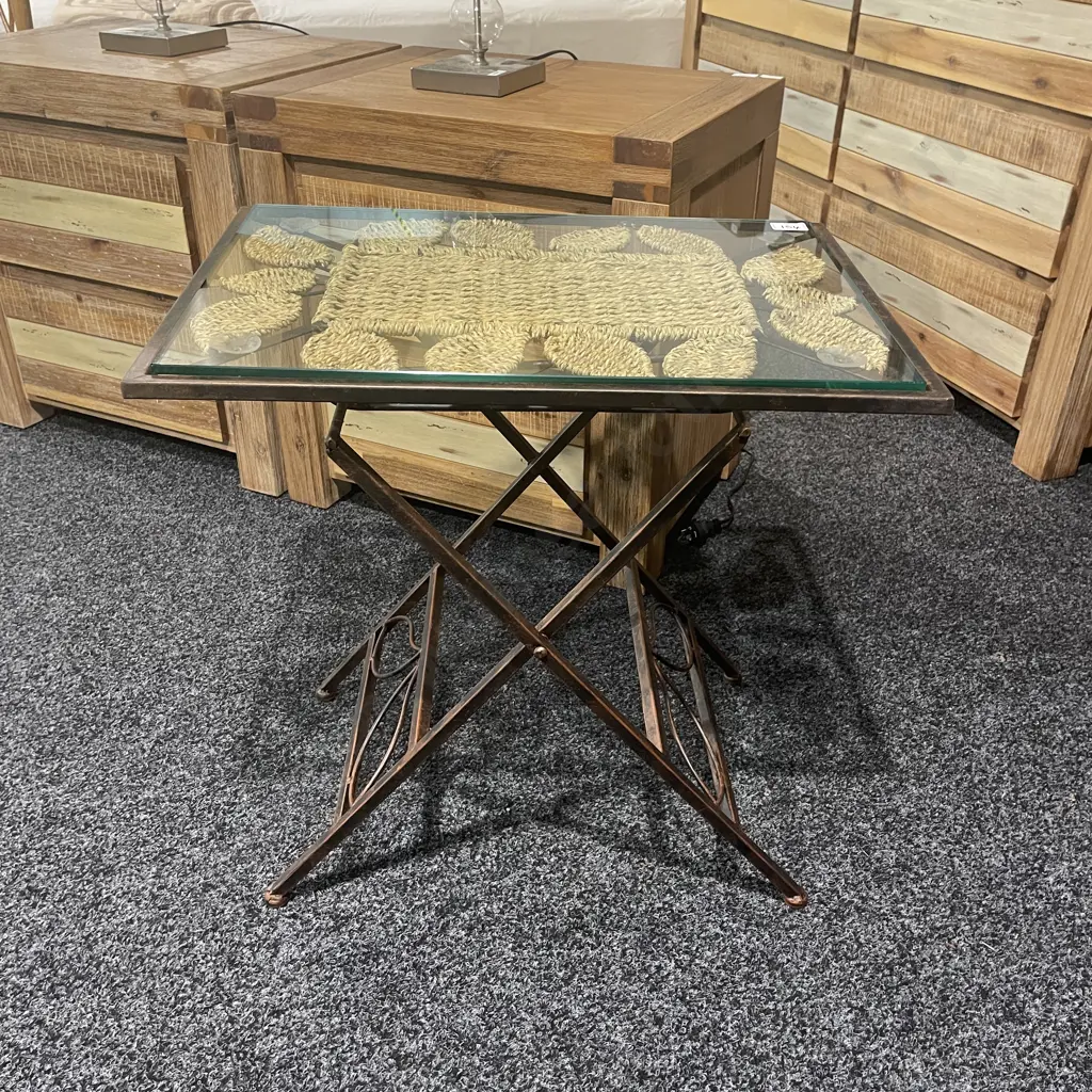 Woven Rattan & Steel Rectangular Glass Top Table, Foldup, H56 W57 D40cm Image 1++