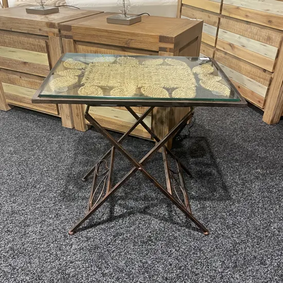 Woven Rattan & Steel Rectangular Glass Top Table, Foldup, H56 W57 D40cm