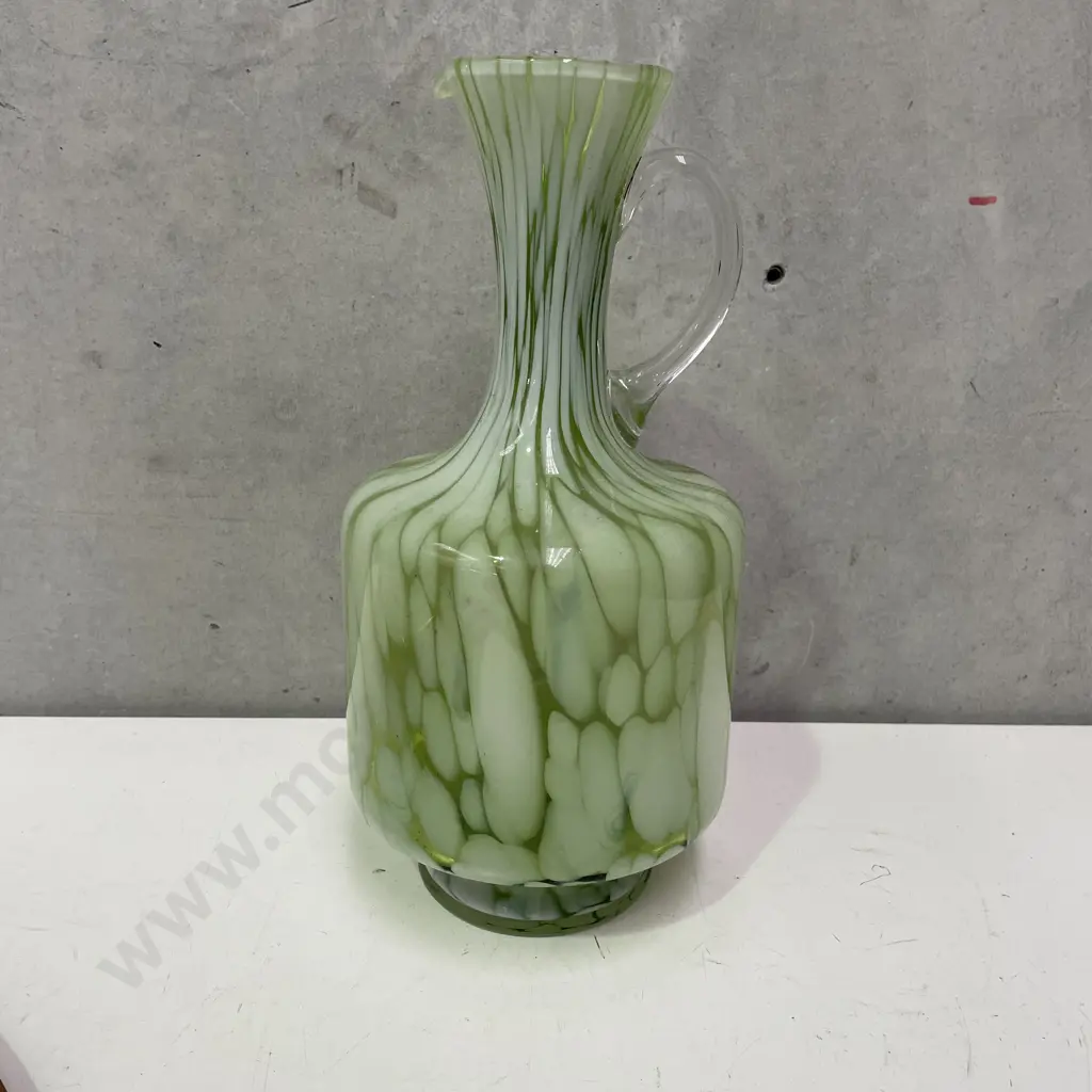 Large Stunning Mid Century Art Glass Jug. Green and white mottled decoration. H30cm Image 1++