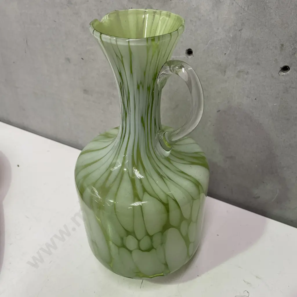 Large Stunning Mid Century Art Glass Jug. Green and white mottled decoration. H30cm Image 1++