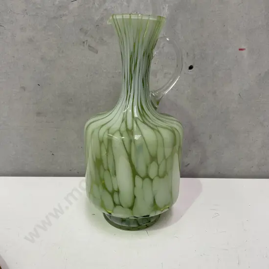Large Stunning Mid Century Art Glass Jug. Green and white mottled decoration. H30cm