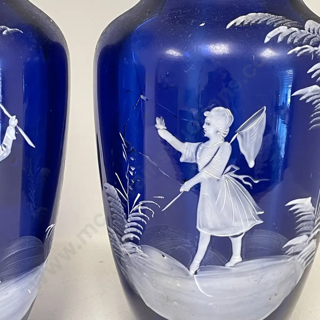 Pair Victorian Royal Blue Glass Mary Gregory? Vases. (1 AF). H27.5cm Image 1++