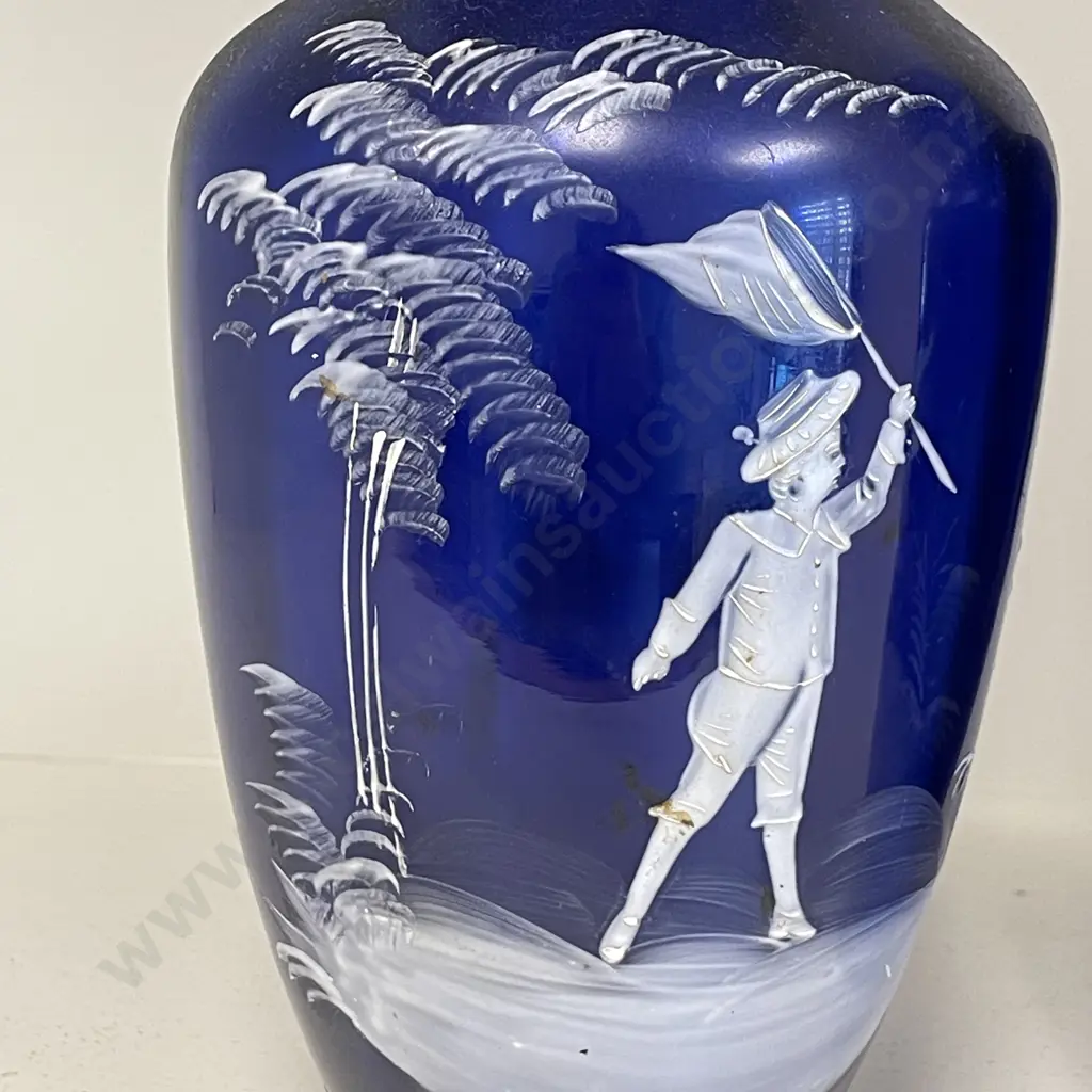 Pair Victorian Royal Blue Glass Mary Gregory? Vases. (1 AF). H27.5cm Image 1++