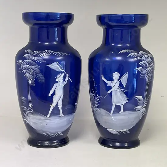 Pair Victorian Royal Blue Glass Mary Gregory? Vases. (1 AF). H27.5cm