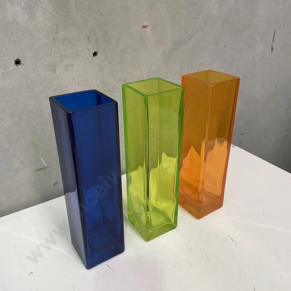 Three Square shaped Art Glass Vases: Blue, Lime and Orange colours. H21cm Image 1++