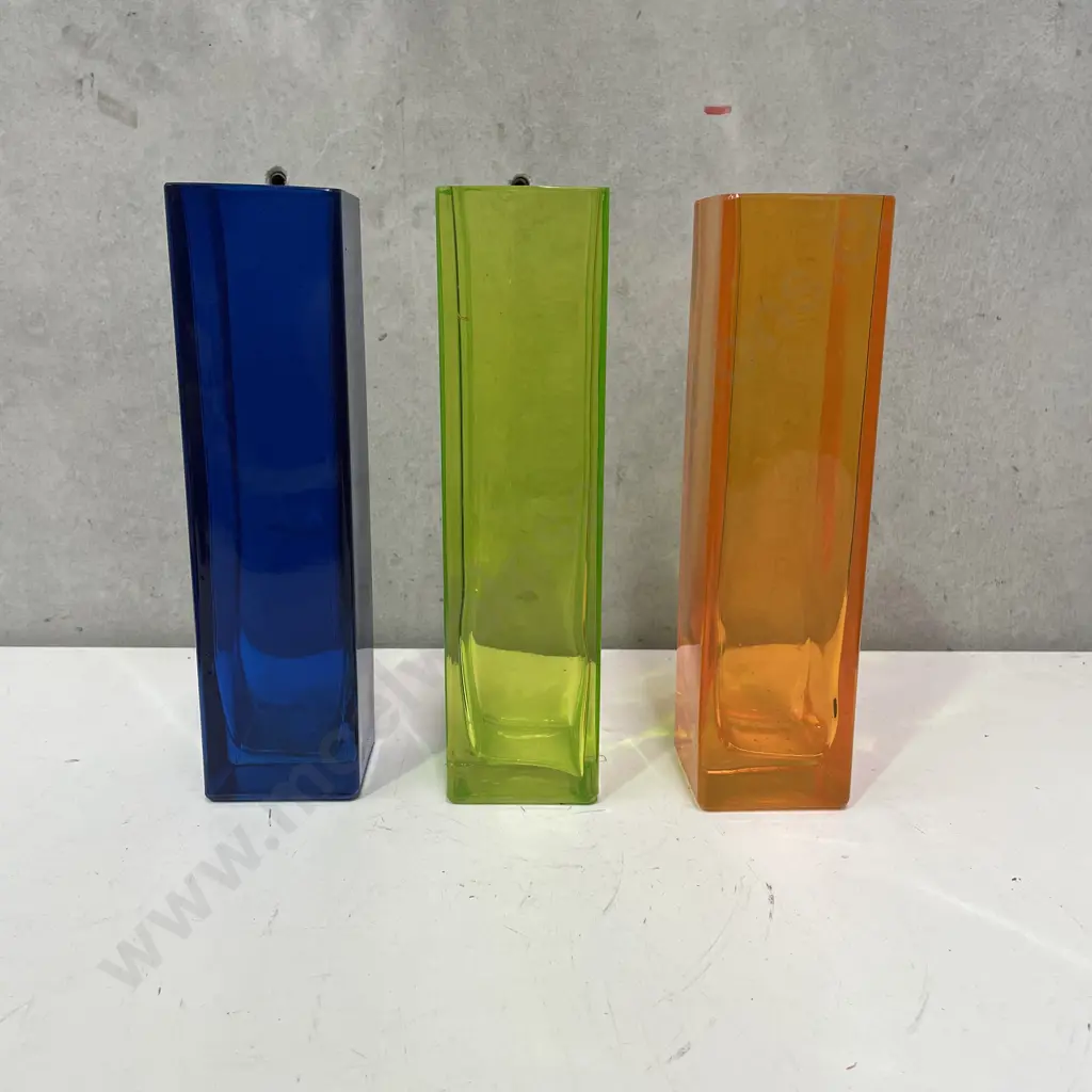 Three Square shaped Art Glass Vases: Blue, Lime and Orange colours. H21cm Image 1++
