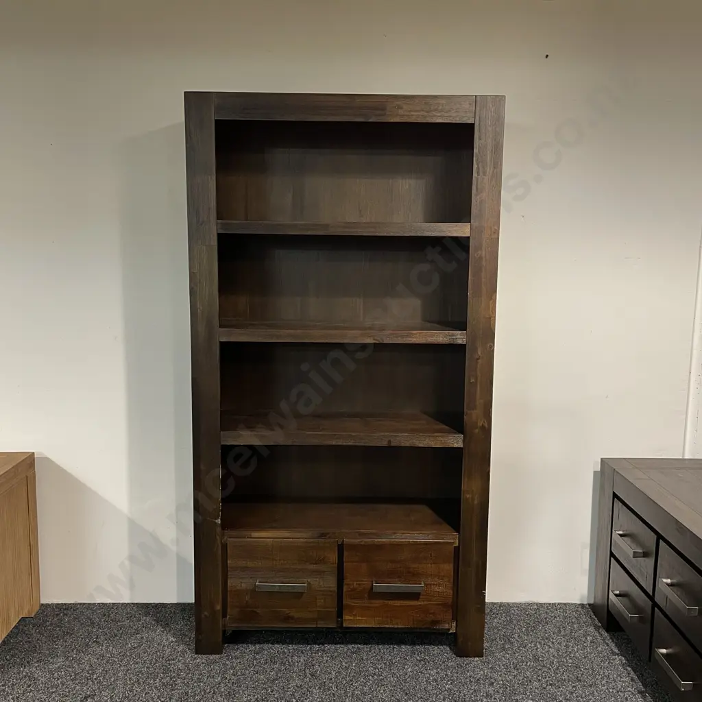 Dark Stained Solid Wood 4 Tier Shelving Unit Unit with 2 Base Drawers. H180 W96 D34cm Image 1++