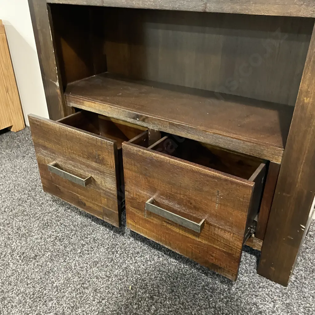 Dark Stained Solid Wood 4 Tier Shelving Unit Unit with 2 Base Drawers. H180 W96 D34cm Image 1++