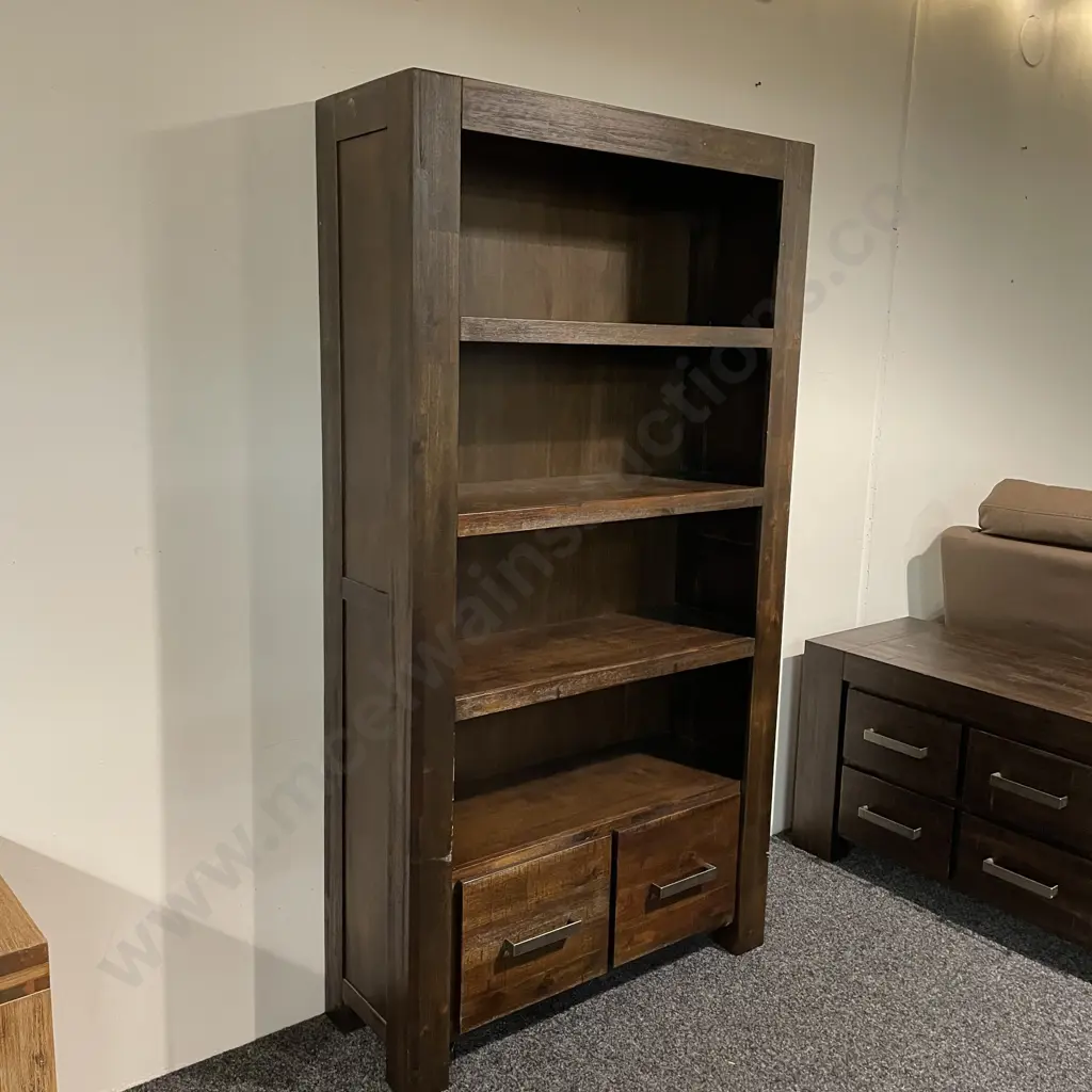 Dark Stained Solid Wood 4 Tier Shelving Unit Unit with 2 Base Drawers. H180 W96 D34cm Image 1++