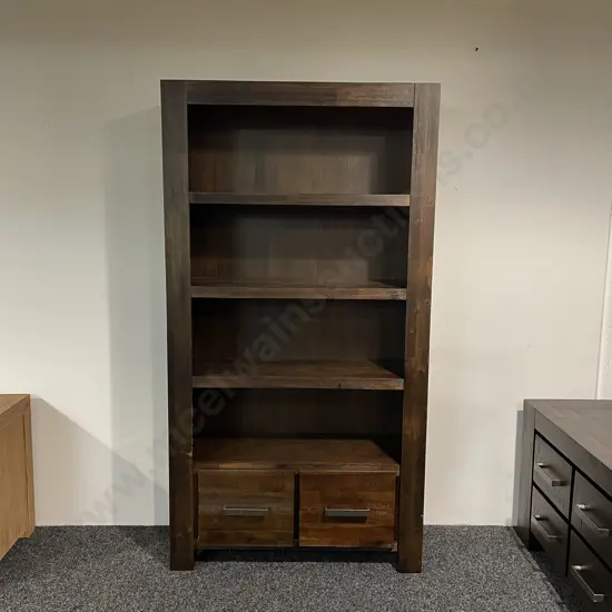 Dark Stained Solid Wood 4 Tier Shelving Unit Unit with 2 Base Drawers. H180 W96 D34cm