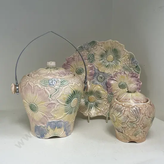 Vintage Kensington "Sunflower" Biscuit Barrel, Plate and lidded Sugar